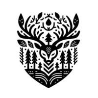 Geometric Black and White Deer Head Emblem with Forest, Antlers, and Foliage elements, Illustration for Nature themed Branding. vector