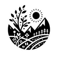 A serene, stylized monochrome landscape scene, framed within a circular border, showcasing mountains, sun, trees, flowers and rolling hills, representing natures beauty. vector
