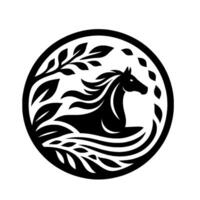 A stylized, monochrome emblem depicting a majestic black horse emerging from stylized water, encircled by leafy foliage, creating a harmonious natureinspired . vector