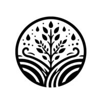 Stylized Black and White Circular of a Tree with Raindrops and Field Lines, Representing Nature, Growth, and Harmony. vector