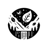 A circular black and white nature scene featuring a large leaf, mountains, waterfall, trees, moon, and stars minimalist art style. vector