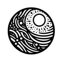 Stylized Cosmic Mandala Black and white circular depicting a celestial scene with sun, moon, stars, and swirling patterns, evoking a sense of cosmic harmony. vector