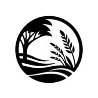 Black and White Illustration of a Landscape with a Tree, Wheat, and Rolling Hills inside a Circular Frame. vector