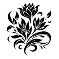 Elegant Black and White Floral A symmetrically arranged cluster of stylized flowers, leaves, and swirling stems creating a visually balanced and decorative composition. vector