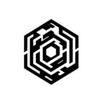 A , geometric maze nested within a hexagon, rendered in stark black and white, evoking complexity and intellectual challenge. vector