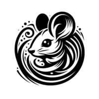 Artistic Black and White Illustration of a stylized mouse head within swirling patterns, minimalist , clean aesthetic. vector