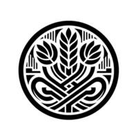 A stylized, black and white circular emblem featuring intertwined wheat stalks and floral elements, exuding elegance and harmony. vector