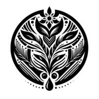 Intricate Black and White Floral Mandala Enclosed in a Circular Frame, Featuring Detailed Leaf and Petal Arrangements with a Drop Ornament. vector