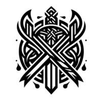 Intricate Black and White Geometric Shield with Sword, Knotwork, and Symbolic Details on a White Backdrop. vector