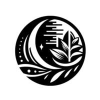 A minimalist, black and white circular emblem featuring a crescent moon, star, plant silhouette with leaves, and stylized horizontal lines, creating a sense of balance and nature. vector