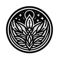 Intricate black and white circular geometric featuring a central symmetrical floral or leaf motif, framed by celestial elements stars and moon, on a white background. vector