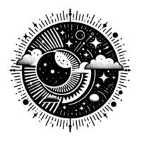 Celestial Mandala A symmetrical black and white with a crescent moon, stars, clouds, and radiating lines in a circular composition evoking the night sky. vector