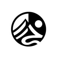 Minimalist circular , featuring a stylized mountain silhouette with a hiker, sun, and winding path in black and white. vector