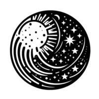 Celestial Harmony A monochrome circular blending sun, moon, and stars in a minimalist aesthetic with a wavelike element. vector