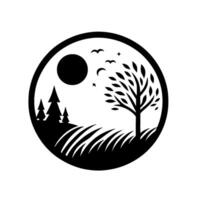 Black and White Circular Nature Scene Silhouette of Landscape with Trees, Grass, Moon, and Stars vector