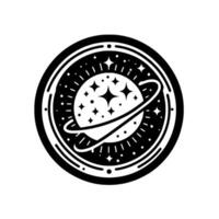 Black and White Planetary Emblem with a Starlit Globe, Asteroid Rings, and Outer Border , Isolated on White. vector