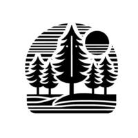 Black and white minimalist illustration of a forest scene with pine trees, a stylized sun, and a striped background, evoking a sense of tranquility. vector