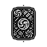 Intricate Black and White of Assorted Candies and Lollipops in a Decorative, Ornate Rectangular Frame. vector