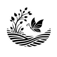 Black and white minimalist artwork featuring a butterfly in flight near stylized flora and a wavy, striped landscape in a rounded frame. vector