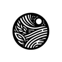 Monochromatic circular of nature elements leaves, sun, water, and hills in a minimalist, stylized, and balanced composition. vector
