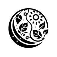 A symmetrical, black and white, circular botanical illustration featuring leaves, a sun, and a crescent moon, symbolizing natures duality. vector