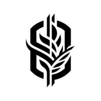 A modern, abstract, minimalist emblem featuring a stylized wheat stalk within an oval frame of geometric shapes, rendered in high contrast black and white. vector