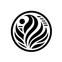 Abstract circular with a stylized leaflike featuring flowing black and white elements, a dot and lines, in a simple elegant composition. vector