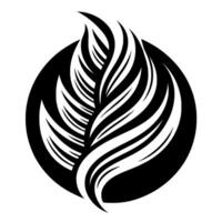 Black and White Leaf , Stylized Feather with Curvilinear Strokes Enclosed in a Circular Background, Minimalist , . vector