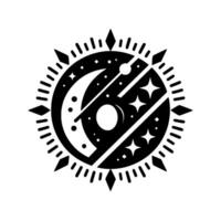 Black and White Cosmic Emblem A Celestial, Abstract, and Geometric Depicting the Moon, Stars, and Cosmic Energies. vector