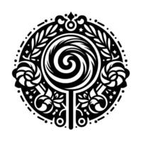 Intricate Black and White Ornamental Illustration of a Swirled Lollipop Emblem with Floral and Starburst Accents on a Circular Frame. vector