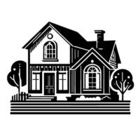 Elegant blackandwhite illustration of a charming twostory house with trees, windows, and a chimney on a bright white background. vector
