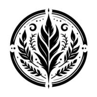 Ornate Black and White Floral Mandala Symmetrical Foliage within a Circular Border, Emphasizing Organic Elements and Decorative Details. vector