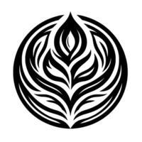 A symmetrical, stylized illustration of a black and white floral contained within a circle, showcasing layered, flowing elements and a central pointed tip. vector