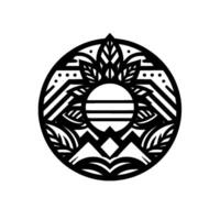 Intricate Black and White Mandala A Circular Featuring Leaves, Mountains, and Sun, with Geometric Patterns and Dotted Accents, Evoking Serenity. vector