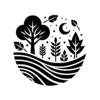 Black and White Stylized Nature Scene with Trees, Leaves, Moon, and Rolling Hills within a Circular Composition. vector