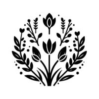 Symmetrical Black and White Floral Composition Stylized botanical featuring flowers, leaves, and sprigs arranged in a decorative circular pattern against a white background. vector