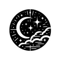 Celestial Circle A minimalist black and white featuring a crescent moon, stars, and clouds in a stylized composition. vector