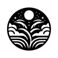 Circular Black and White Illustration Nightscape featuring Moon, Stars, Waves, and a Unique Central Element Resembling a Plant or Fountain. vector