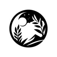 Silhouette of a mountain scene at night with a crescent moon, stars, and foliage, framed within a circle. vector