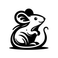 A stylized, minimalist black and white illustration of a cheerful, smiling mouse in a sitting pose, featuring curved lines and a clean aesthetic. vector
