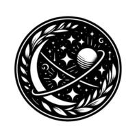 Celestial Emblem Black and White Illustration of a Planet with Rings, Surrounded by Stars, Leaves, and a Crescent Moon. vector