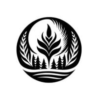 A stylized black and white circular nature illustration, featuring stylized trees, leaves, and a central plant motif in a symmetrical on a white background. vector