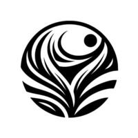 A stark, minimalist circular with black and white, contrasting elements, including curved lines, a central sunlike dot, and stylized featherlike or leaflike shapes. vector