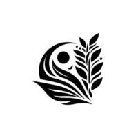 Abstract Black and White Botanical Featuring a Circle with a Dot, Crescent, and Leafy Elements on a White Backdrop. vector