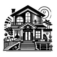 Stylized Black and White Illustration of a Detailed TwoStory House with Lush Foliage and Geometric Elements. vector