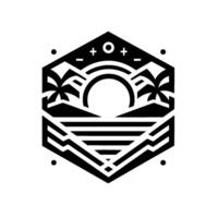 Monochromatic geometric emblem featuring a tropical sunset scene enclosed within a hexagonal frame, depicting palm trees, ocean, and sun, with decorative elements. vector
