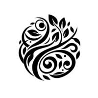 Intricate Black and White Floral Motif a circular, symmetrical of swirling lines, leaves, and organic shapes. vector
