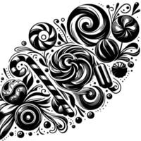 An intricate black and white illustration of various candies including lollipops, swirls, a candy cane, and other sweets with decorative flourishes against a stark white background. vector