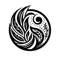 Abstract YinYang Symbol, Stylized with Organic Elements Feathery Leaves, Spirals, and Sun Motif. vector