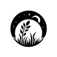 A tranquil night scene encapsulated in a black and white circle. A crescent moon and stars illuminate a field of grass and a sprig of leaves. vector